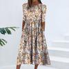Women Summer Dress Round Neck Retro Floral Printing Mid Sleeves A-line Pleated Side Pockets High Waist Big Hem Vacation Midi Dress