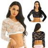 Women's Sexy Tops Lace Mesh See Through Long Sleeves Crop Tops Short Blouse T-shirt Clubwear Streetwear