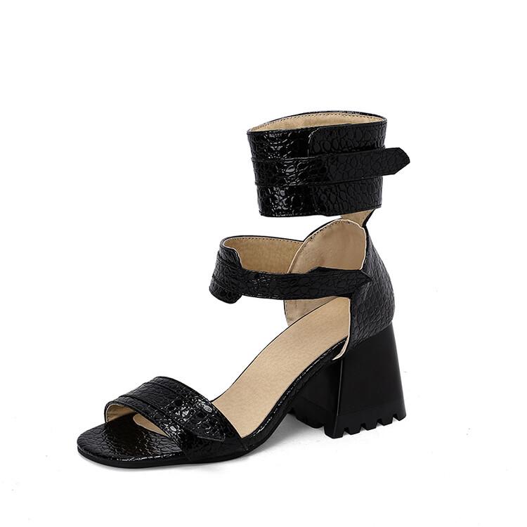 FOREADA Women Sandals Round Toe Thick High Heels Hook Party Gladiator Summer Shoes Black White Brown Yellow 33-46