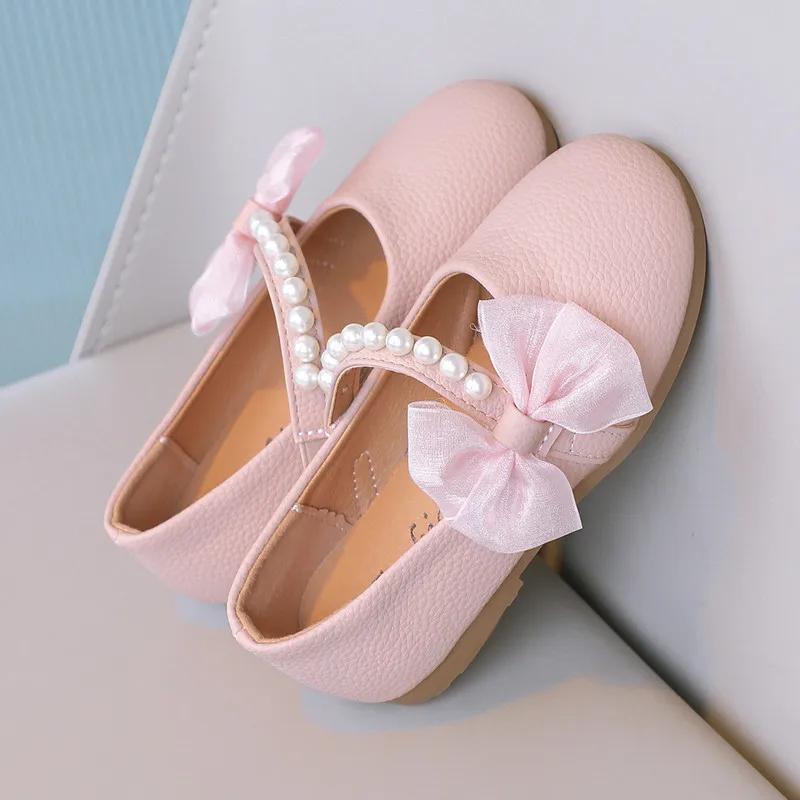 Girls Pearls Leather Shoes for Party Wedding Children Elegant Princess Shoes with Bow-knot Kids Flats Mary Janes Shoes Round-toe
