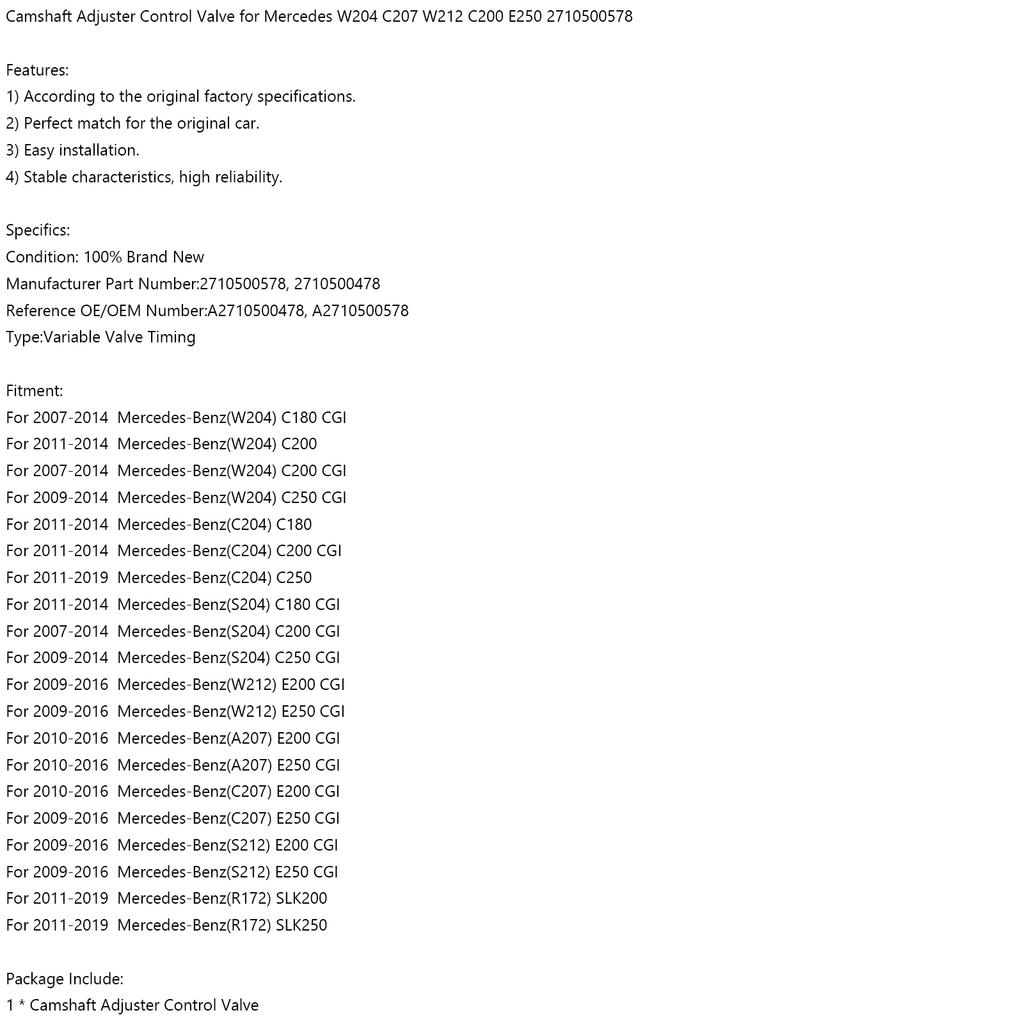 Camshaft Adjuster Control Valve for Mercedes W204 C207 W212 C200 E250 2710500578