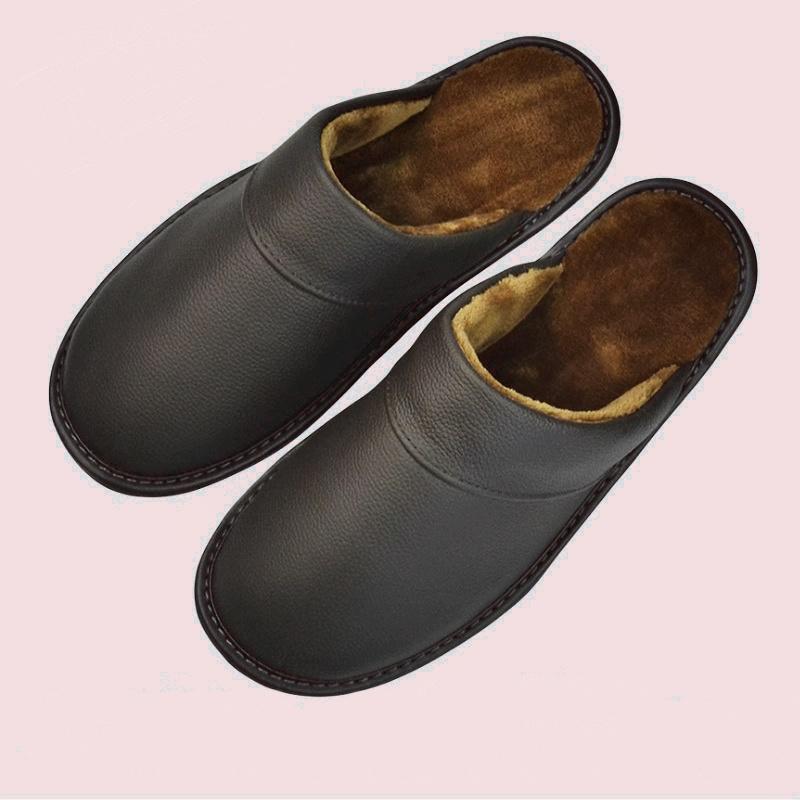 Fleece Warm Winter Cow Split Leather Unisex Handmade Slippers Slip On Soft Comfortable Bedroom Indoor Flats Men Women Padded Warm Slippers Shoes