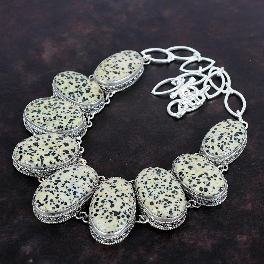 Dalmatian Jasper Gemstone Necklace Vintage Jewelry 925 Sterling Silver Adjustable Chain Necklace Handmade Unique Style Necklace Gift For Her