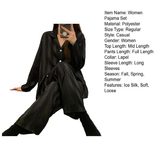 2 Pcs/Set Women Spring Summer Pajama Set Striped Silky Ice Silk Lapel Long Sleeve Loose Single-breasted Wide Leg Homewear Shirt Pants Set Sleepwear