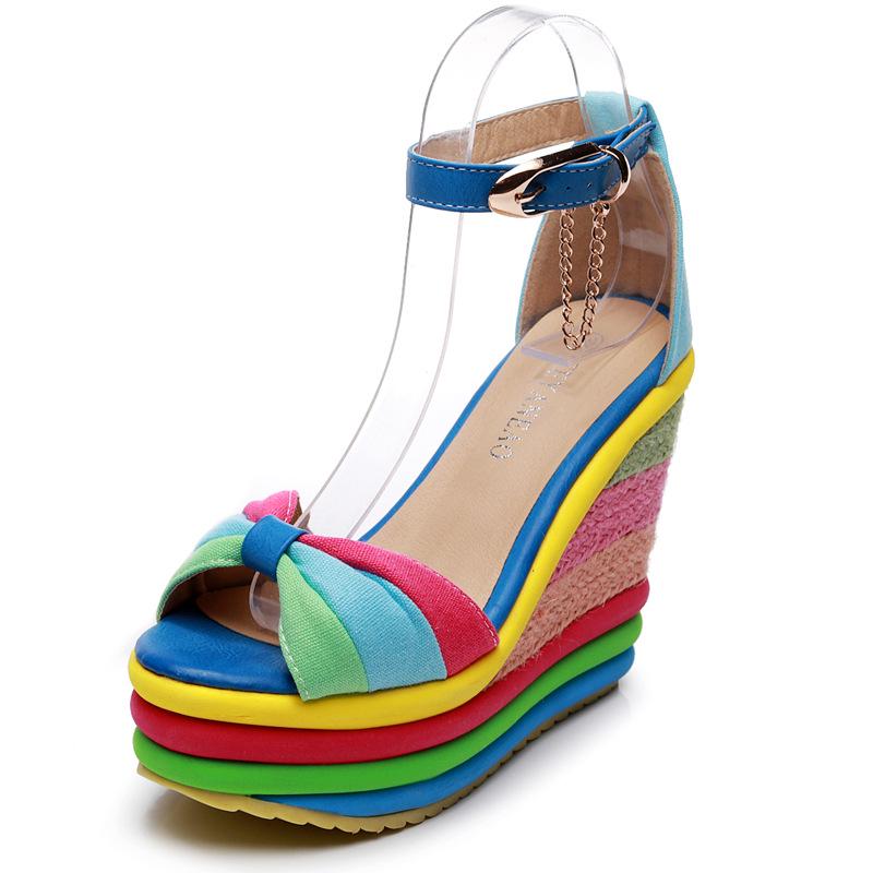 Women Sandals Female Wedges PU Round Shape Color Matching Slope Heel Increase Thick Bottom Non Slip Shoes