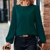 2024 Spring & Autumn Women's Retro Pleated Long-Sleeve Round Neck Shirt - Casual Solid Color Top
