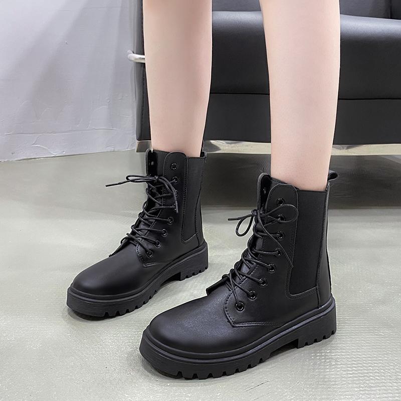 Size 42 Women Motorcycle Ankle Boots Wedges Female Lace Up Platforms Black Shoes Woman Botas Mujer