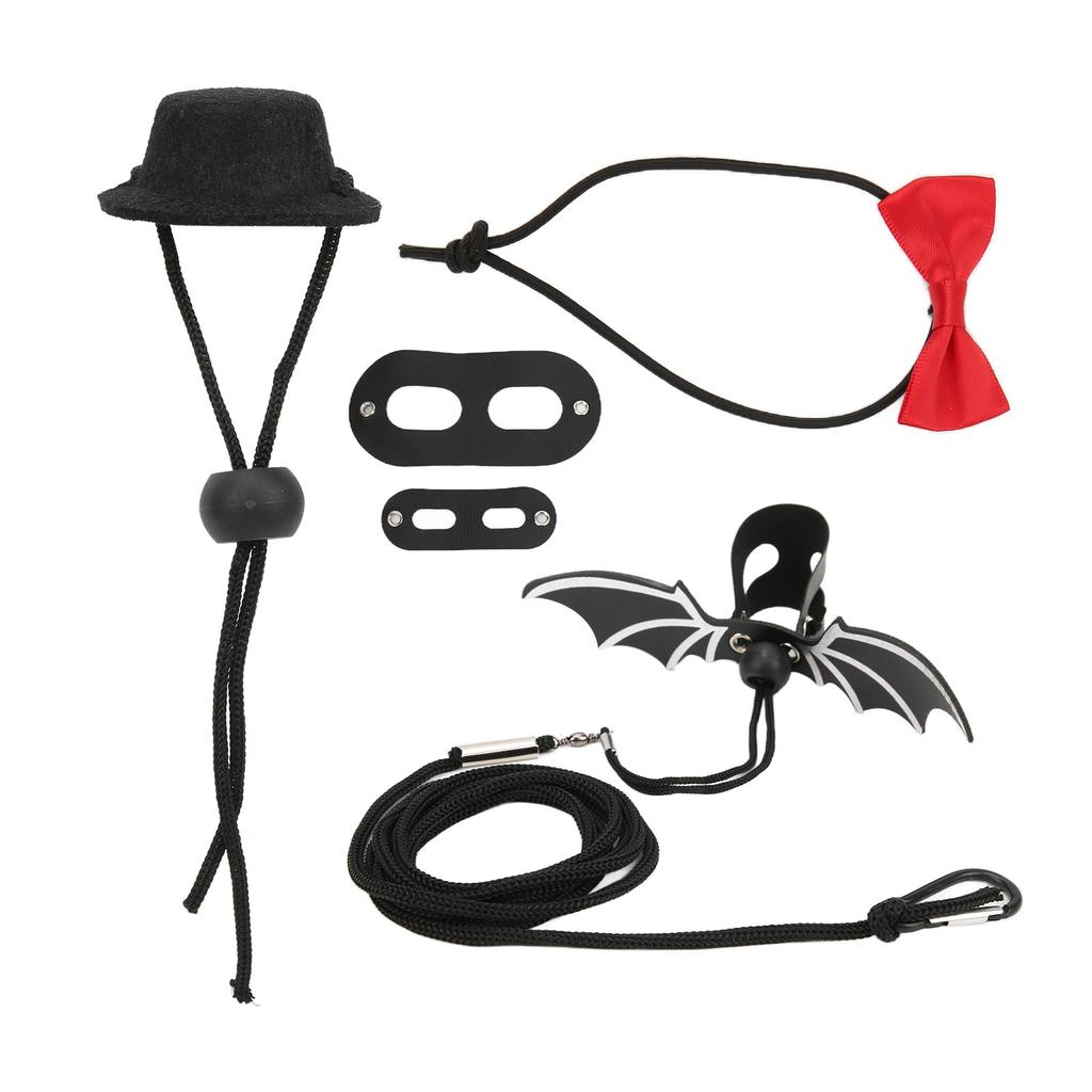 Reptile Harness and Leash Adjustable Lizard Traction Rope Hat Bowtie Set for Small Pet Animals(Black and Red Hat Set