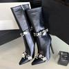 High Quality Rhinestone Decoration Knee-High Boots Women 2024 Winter Sexy Pointed Toe Thin High Heel Zip Mid-calf Boot for Women