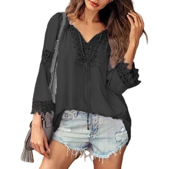 Women Shirt V-Neck Long Sleeve Side Split Hem Pullover Tops Solid