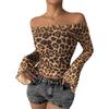 Women's One Shoulder Sexy Leopard Mesh Long Sleeve T-Shirt