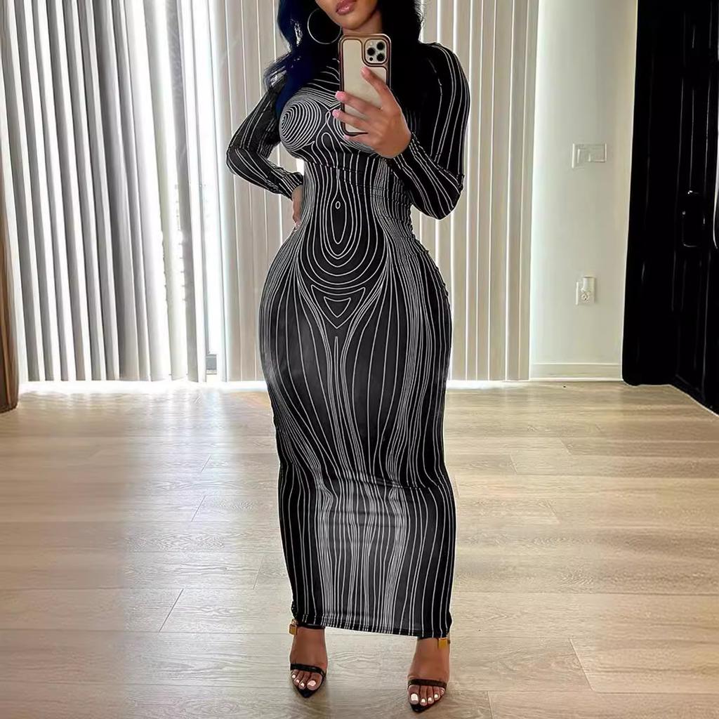 Autumn Women's Long Sleeve Round Neck Fashion Print Slim Hip Bottom Dresses