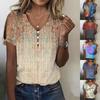 Women's Summer Fashion V Neck Print Hollow Short Sleeve Button T-Shirt Top