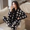 Women's Cozy Coral Fleece Pajama Set - Thick Cardigan, Long Sleeve, Printed Design for Autumn/Winter, Suitable for Outdoor Wear