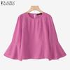 Women Casual Round Neck Flare 3/4 Sleeve Loose Blouse