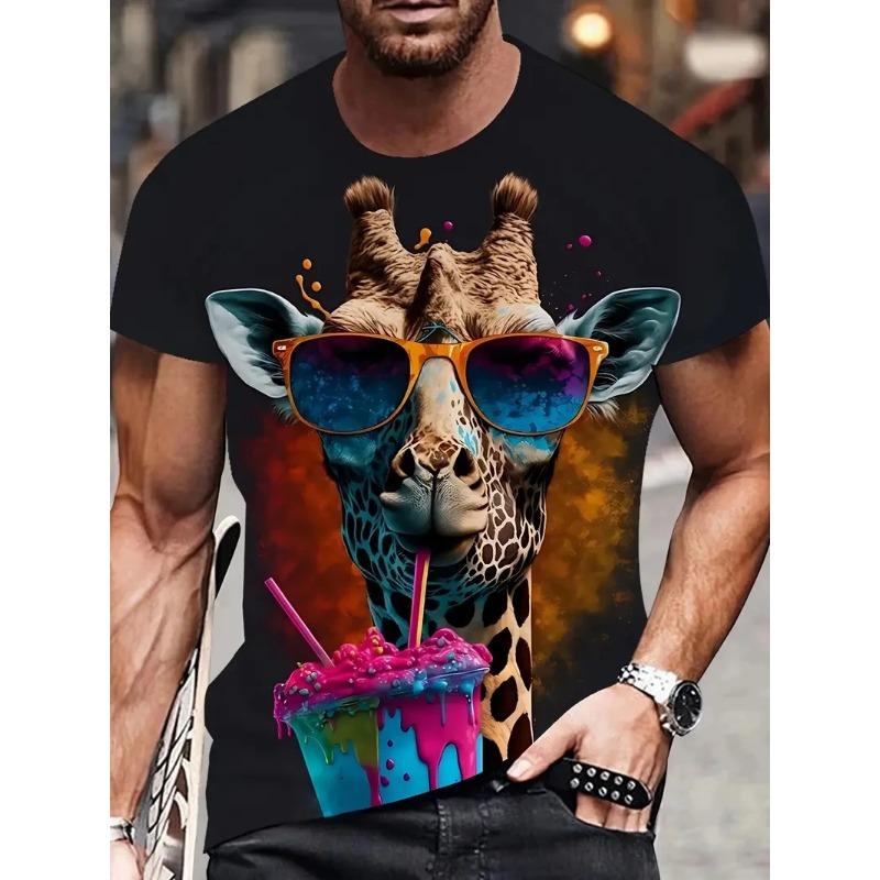 Summer Round Neck 3D Giraffe Graphic Print Top Fashionable Casual Short Sleeved Men's T-shirts