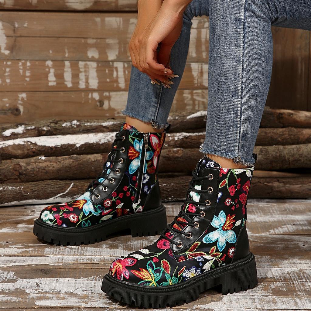 Fashion 2025 Autumn New Color Blocked Fashion Ankle Boots Women's Printed Graffiti  Side Zipper Thick Heeled Women Shoes Platform Botine