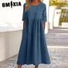 Summer Cotton and Linen Casual Short Sleeve Pocket Pleated Loose O-Neck Dress