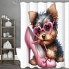 Cute Dog Shower Curtain with Sunglasses Biting Pink Heels, Bathroom Decorative Shower Curtain, Waterproof Shower Curtain with Ho