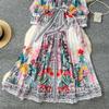 Bohemian Floral Chiffon Summer Dresses for Women 2025 Runway V-Neck Long Lantern Sleeve Sashes Beach Holiday Dressess Boho Robe