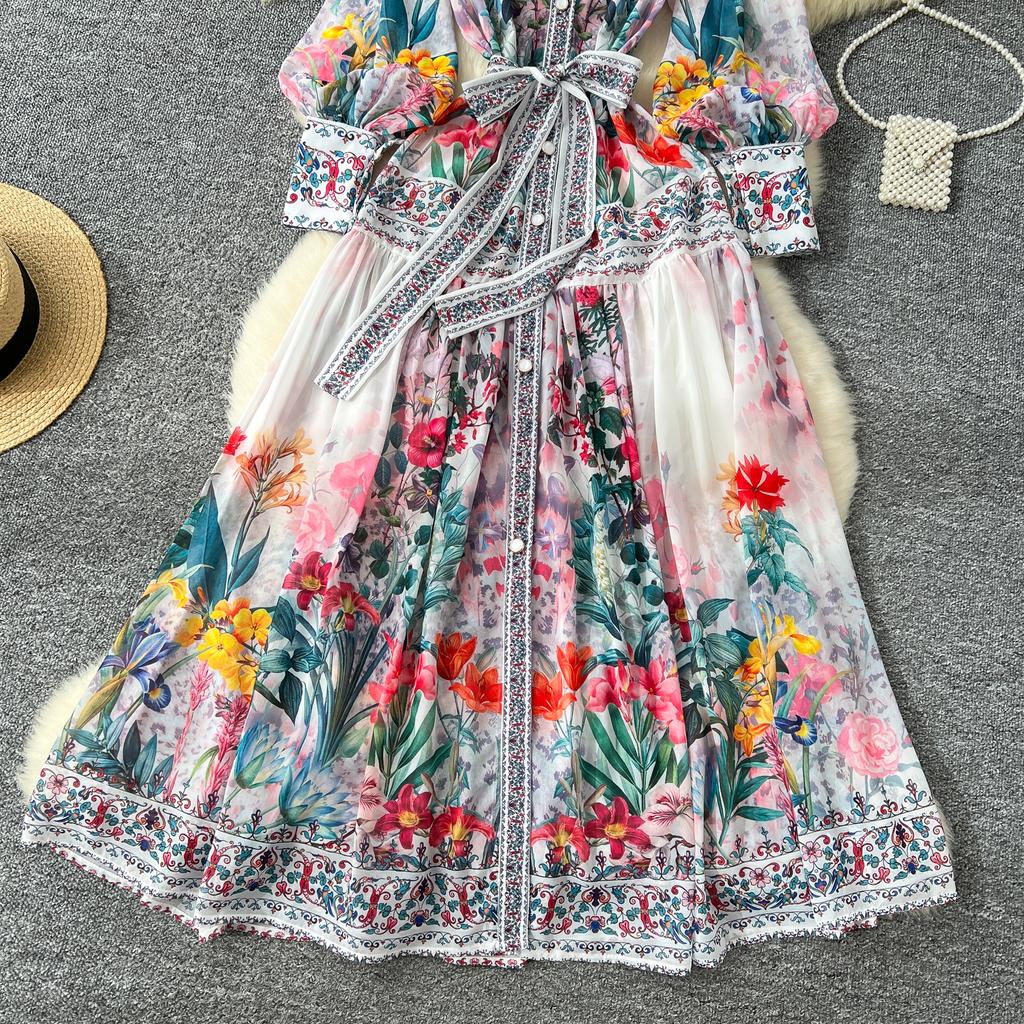 Bohemian Floral Chiffon Summer Dresses for Women 2025 Runway V-Neck Long Lantern Sleeve Sashes Beach Holiday Dressess Boho Robe