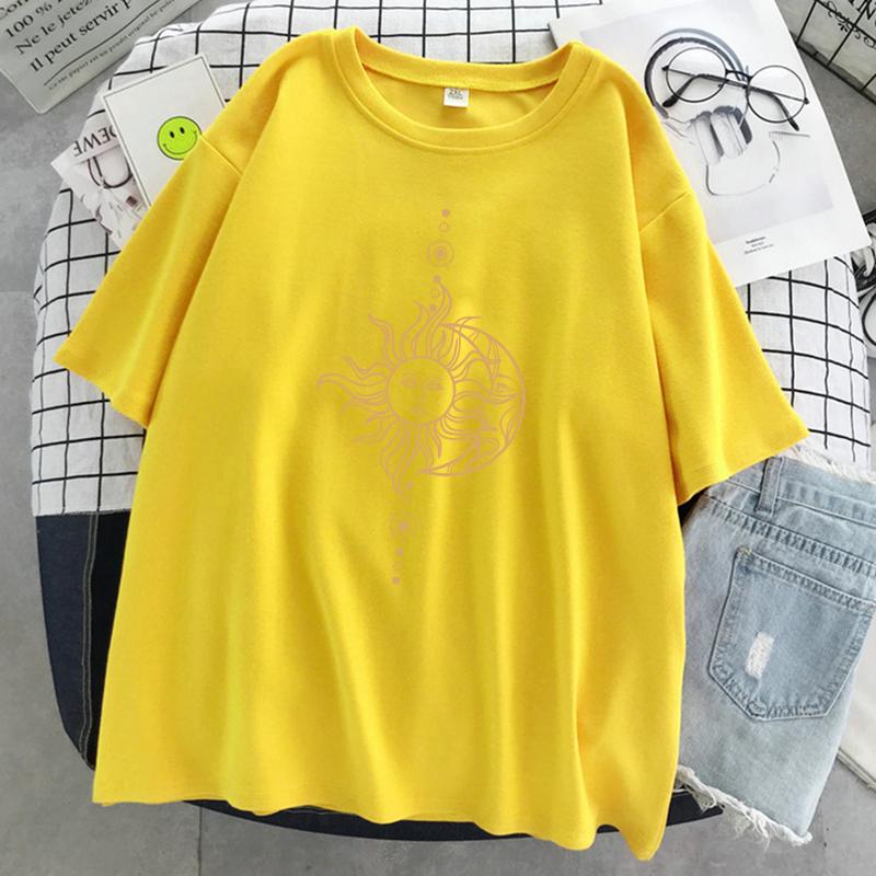 Funny'S Sun And Moon Face Print Women Tshirt Summer Cool T Shirt Hip Hop Oversized Short Sleeve Fashion Cotton Short Sleeve