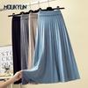 Women Knitted Midi Long Pleated Skirt 4color Korean Style Mid-Length High Waist Skirt Female