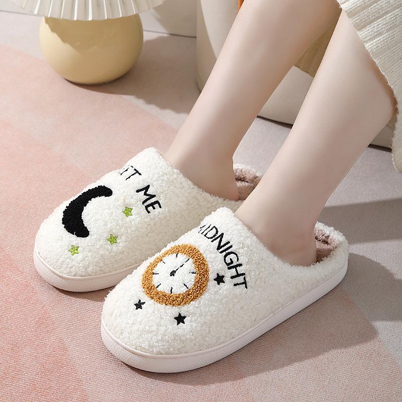 Winter Cotton Slippers for Men and Women Couples Home Moon Clock Warm Indoor Cotton Slippers