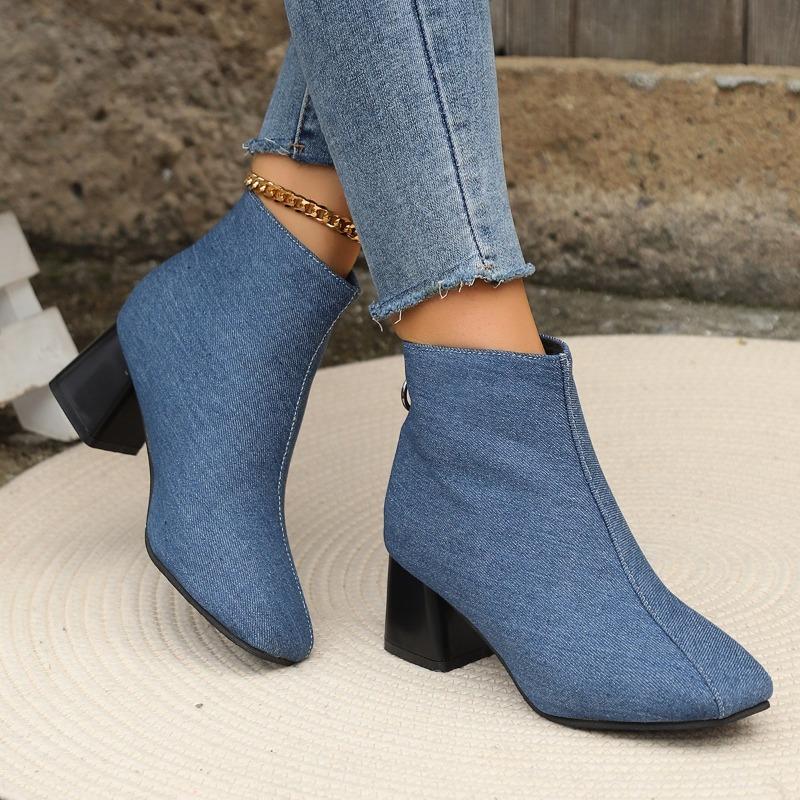 Fashion Shoes Female 2024 Fashion Zipper Women's Boots Winter Denim Square Toe Solid Short Barrel Chunky Heel Casual Nude Boots Zapatos