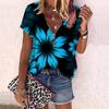 Women's Top Summer New Fashion Rose Flower Sunflower Printed Casual Zipper V-neck Short Sleeve Top