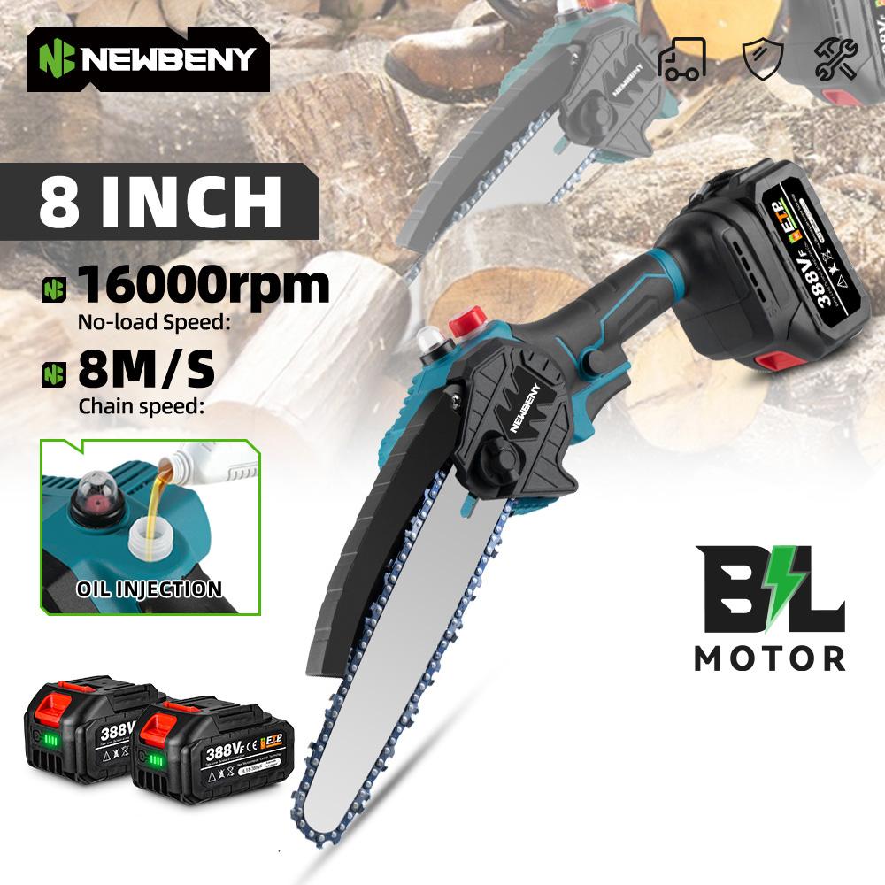 Newbeny 8-Inch Cordless Chainsaw with Brushless Motor 1500W Electric Pruning Saw for Wood Cutting Tree Trimming Gardening with Makita 18V Battery