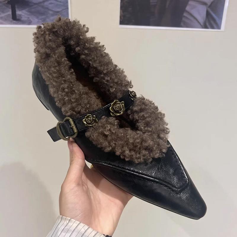 Fur Pointed Toe Women Shoes Flats Shallow Leather Shoes Woman 2025 Trend Winter Fashion Designer Walking Casual Zapatos Mujer