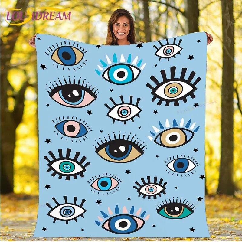 Evil Eye Blanket Turkish Nazar Spiritual Art Blanket Vintage Mid Century Flannel Blanket Sofa Chair Throw Blanket Travel Blanket