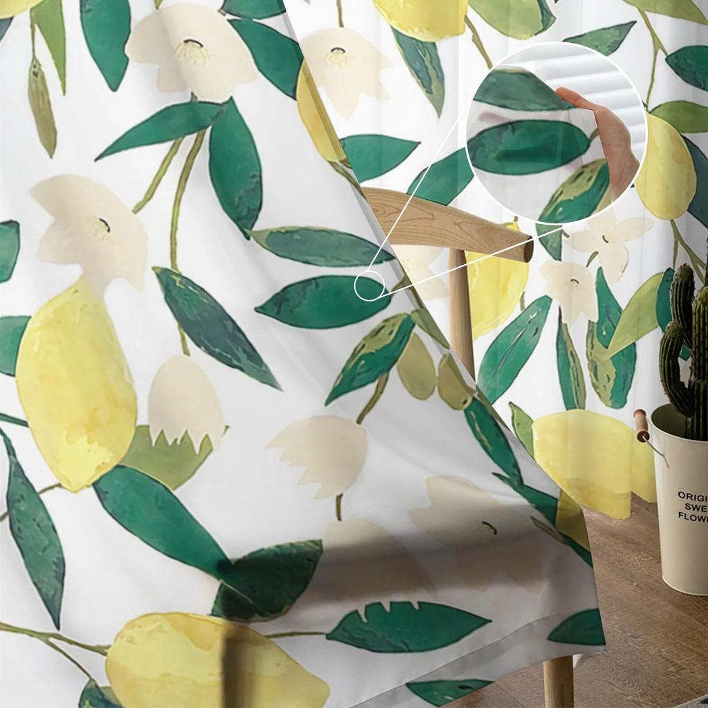 Lemon Foliage Flowers Yellow Gradient Bedroom Transparent Sheer Curtains Holiday Decoration Window Voile Tulle Curtain