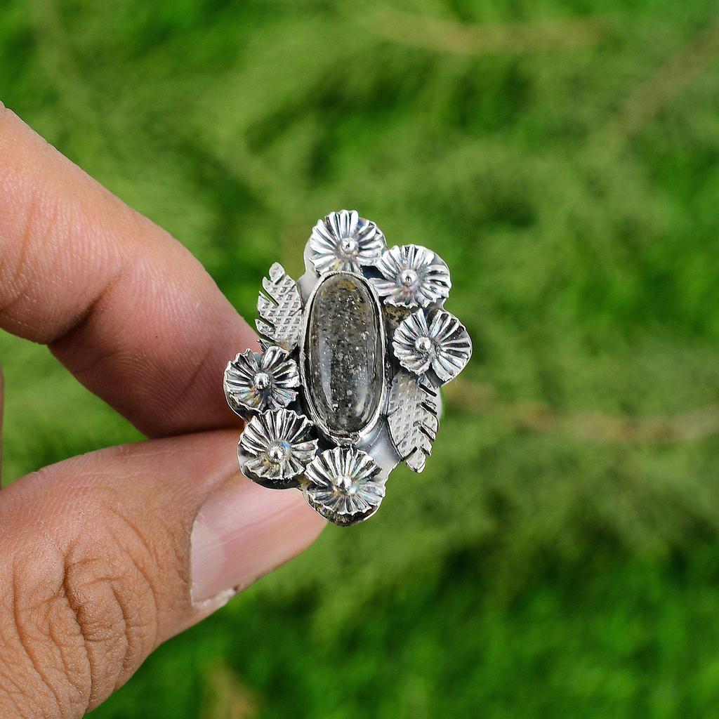 Натуральный Черный Солнечный Камень Серебро 925 Пробы Солитер Кольцо-Цветок Регулируемое для Женщин