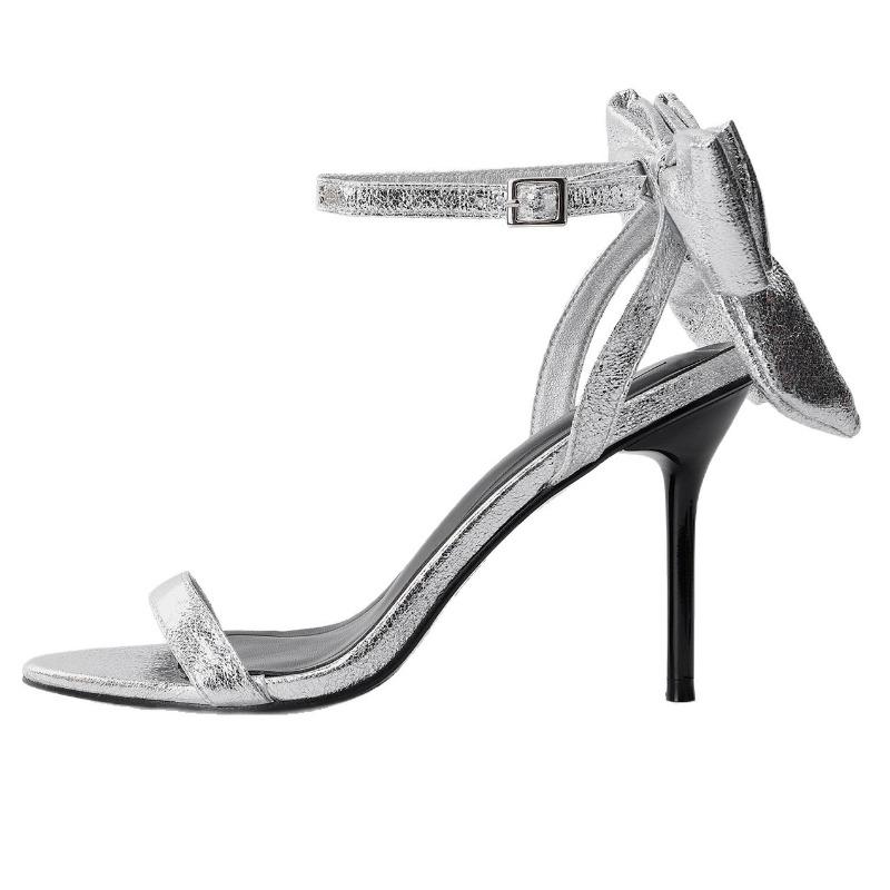 Fashion Elegant Bow Embellished Branded Heeled Sandals Women Silver Ankle Buckle Designer Shoes Luxury Wedding Bridal Shoe Zapatos Mujer