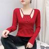 New Spring Autumn Chic Square Collar Sexy Hollow Out Hot Diamonds T-Shirt Long Sleeve Women's Tees Fashion Sweet Female All Match Tops