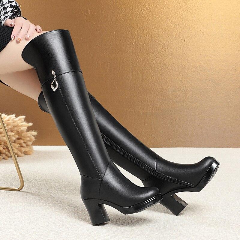Women's Over The Knee Boots Natural Wool Genuine Leather Women Winter Boots Warm High-heel Women Motorcycle Boots