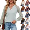 2024 European And American Autumn/Winter New Waffle Grace Splicing Long Sleeve V-Neck T-Shirt Top For Women
