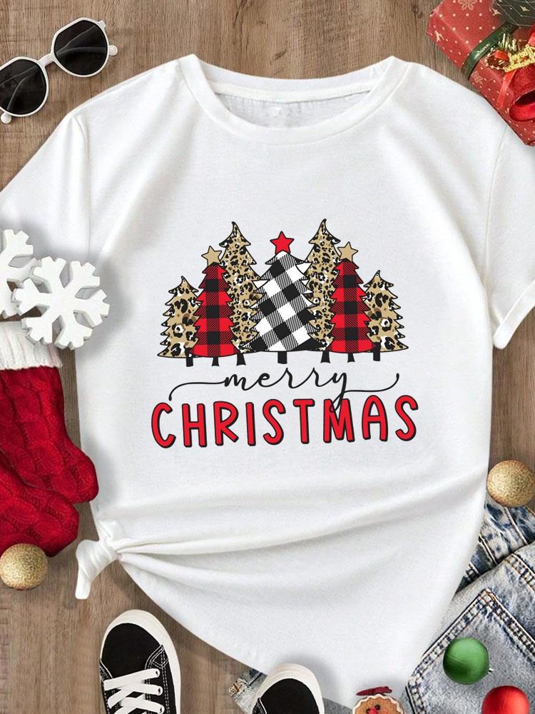 (Asian Size) Tee Merry Christmas New Year Holiday Top Festival Casual Women Letter Sweet 90s Print Lady Short Sleeve Fashion Graphic T-shirts