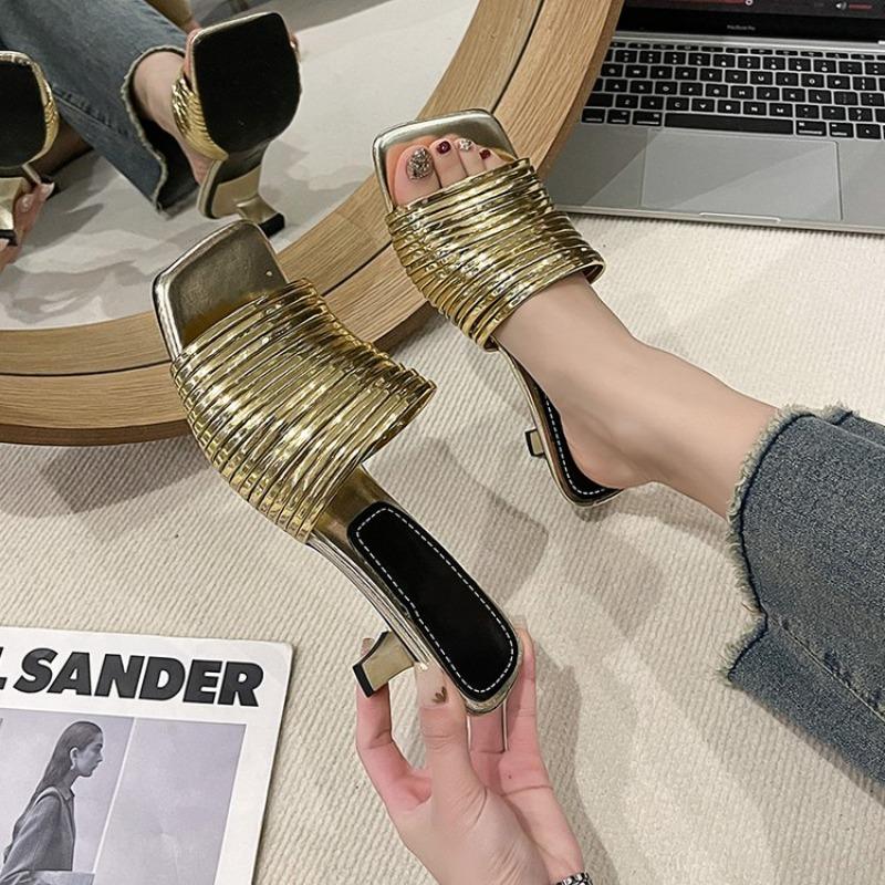 Spring Summer Chunky High Heels Women's Slippers Shiny Rhinestone Square Toe Sandalias Ladies Outdoor Vacation Beach Shoes