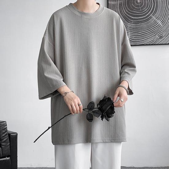 Men's Round Neck T-shirt Three-Quarter Length Sleeves Solid Color T-shirt Casual Style Loose Fit Tee Shirt for Street Travel Vacation