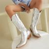 Fashion IPPEUM Silver Metallic Cowboy Boots Knee High Embroider Chunky Heel Cowgirl Shoes Mid Calf Western Botas Cowboy Mujer