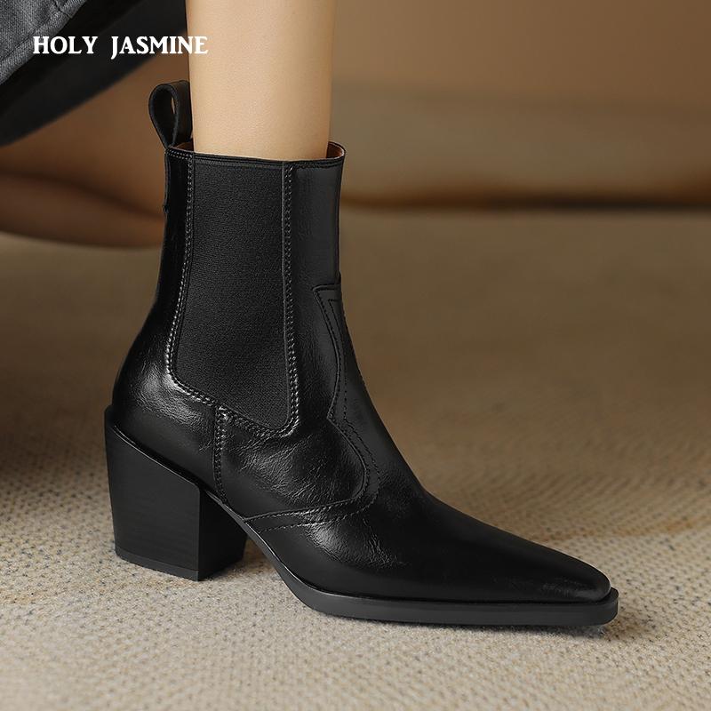 2024 New Autumn Women Boots Pointed Toe Chunky Heel Boots Genuine Leather Shoes for Women Concise Ankle Boots Platform Boots