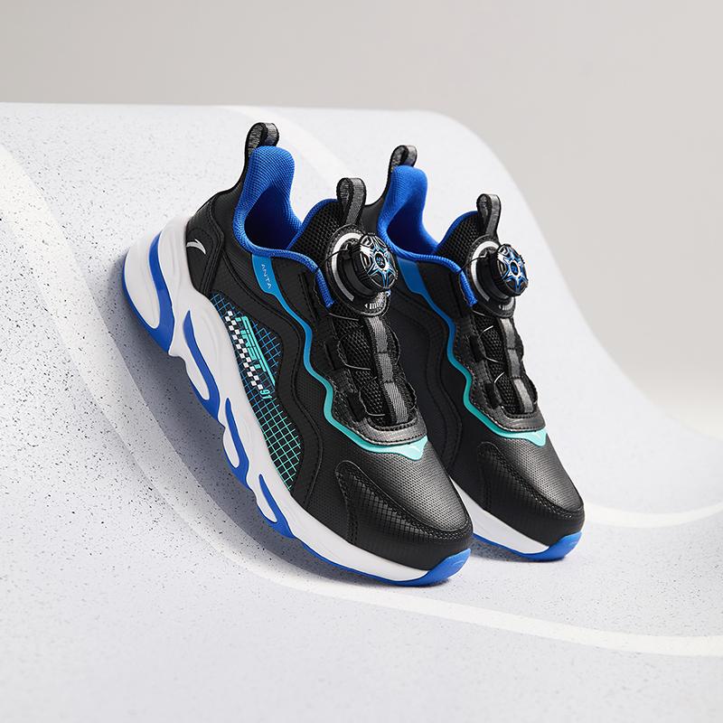 Anta Kids Synthetic Leather Fabric Trendy Lightweight Shock Absorbing Low Top Running Shoes Kids Sneaker Black Blue Green A12435523N-2