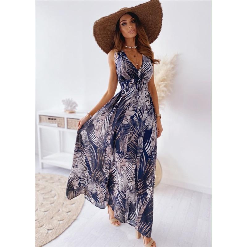European And American Style Ladies Summer New Printed Halter Strap Dress V-neck Sleeveless Beach Vacation Casual Sun Skirt