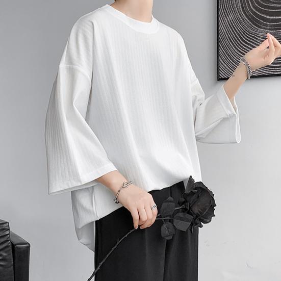 Men's Round Neck T-shirt Three-Quarter Length Sleeves Solid Color T-shirt Casual Style Loose Fit Tee Shirt for Street Travel Vacation