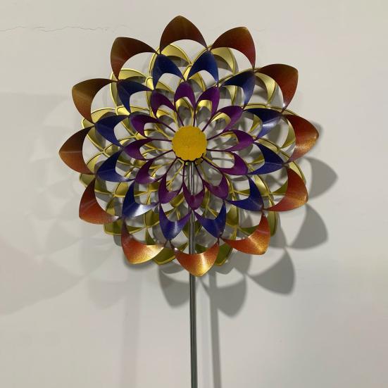 Colorful Flower Wind Spinner with Stake Weather-proof Outdoor Garden Yard Lawn Metal Rotary Windmill Ground Spike Decoration
