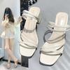 Women Sandals Ladies Square Heels Elegant Summer Slippers Outside Cross Tied Leather Female Slides Fashion Woman Sandals