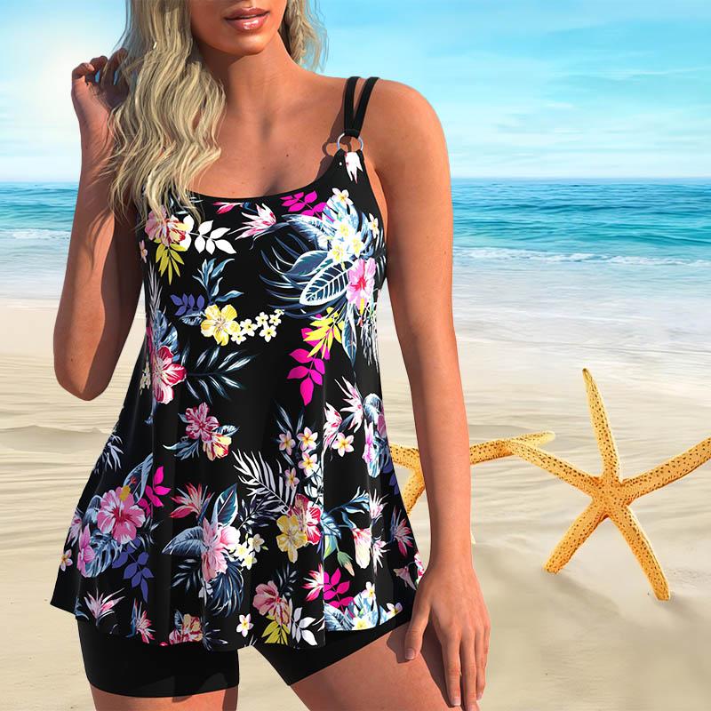 Women's Shoulder Strap Swimsuit with Floral Print Bikini Short Tank Top Swimsuit